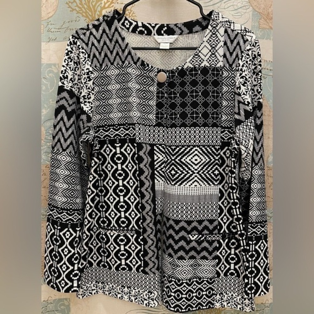 Christopher & Banks Top Women PL Black White  Patchwork Geometric Print